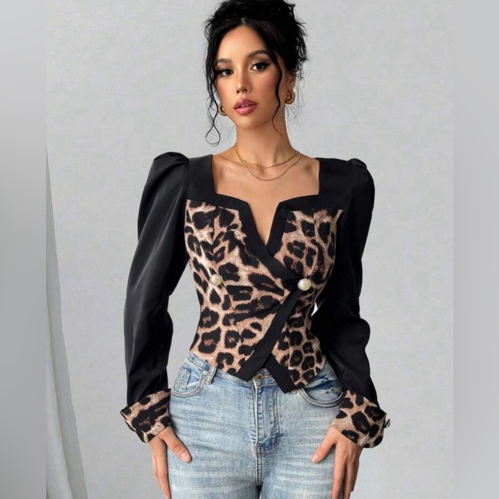 Leopard Print Elegant Square Collar Black Women's Long Sleeve Top
